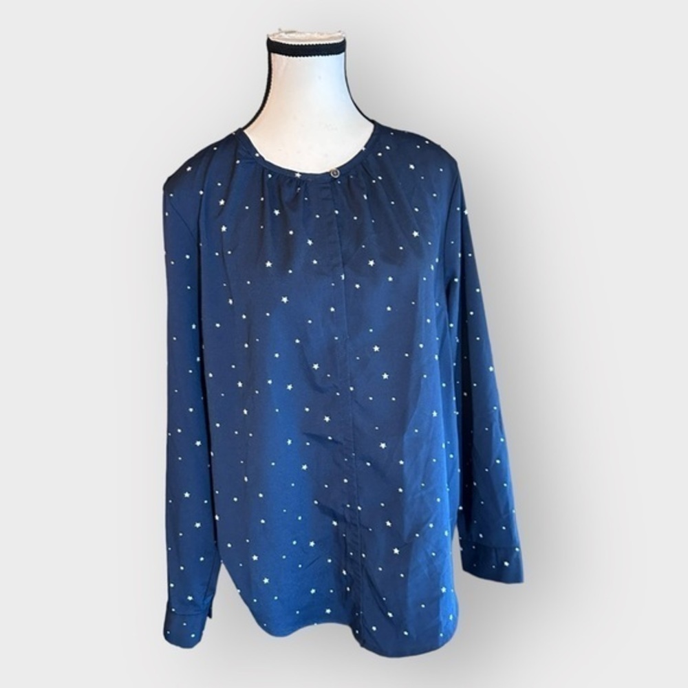 Women’s Bass Large Collarless Navy Blue Chiffon Keyhole Neck Star Print Top